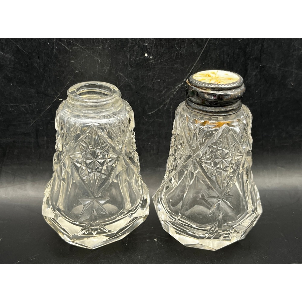 Vtg Heavy EAPG Salt & Pepper Shakers Metal top mother-of-pearl inlay‎ (as is)